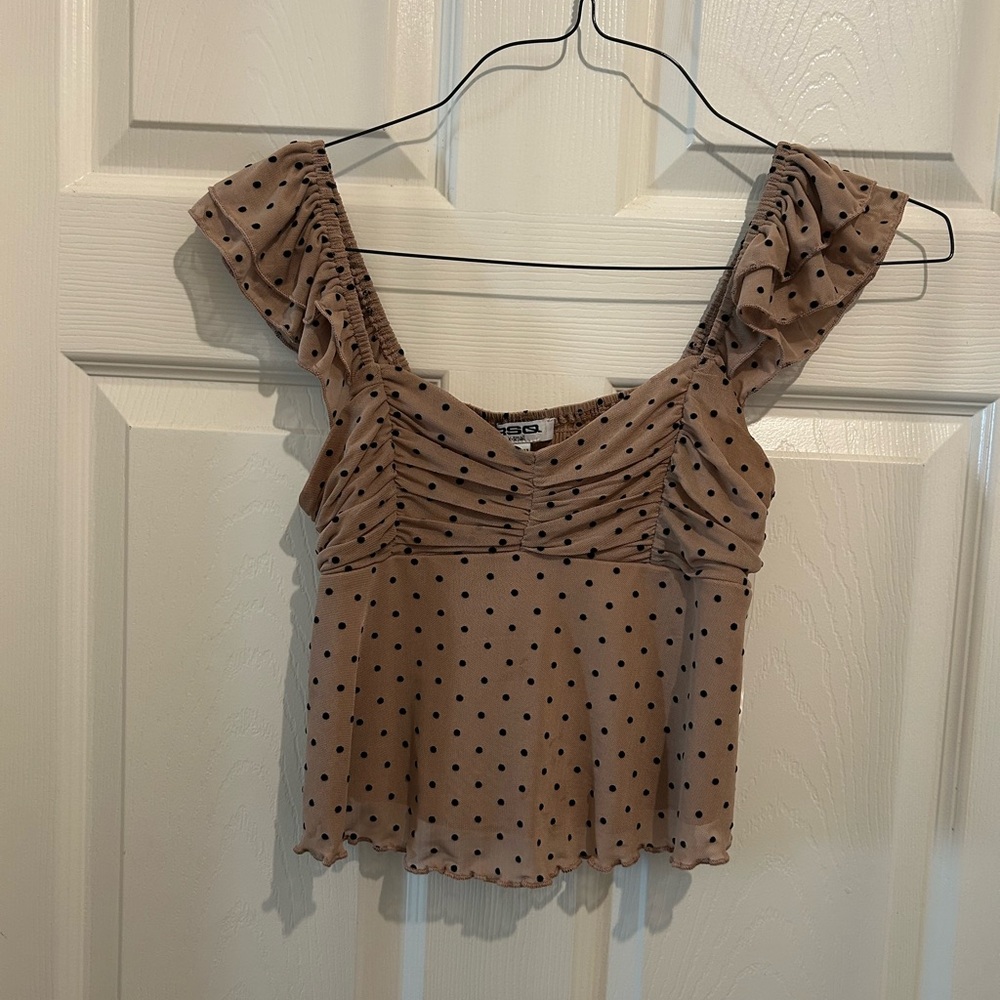 RSQ Brown Polka Dot Ruffle Crop Top